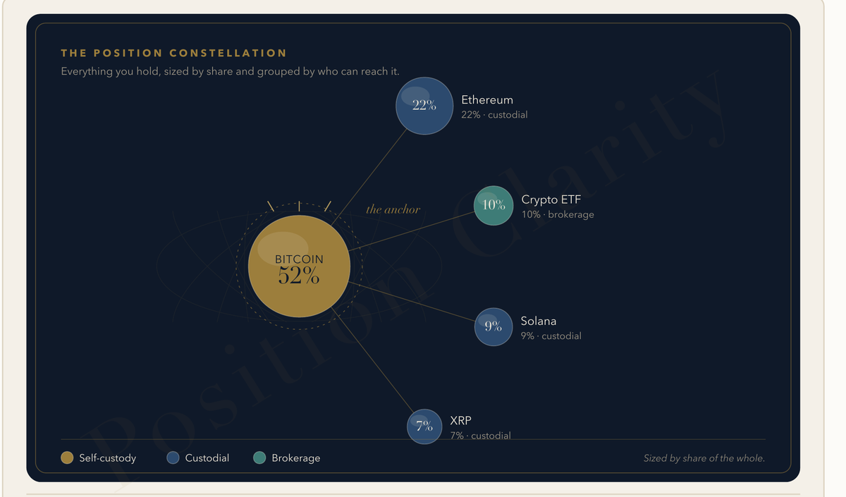 The Position Constellation: a sample Review page showing five crypto holdings as sized circles, grouped by who can reach them, with the largest holding at the centre as the anchor.